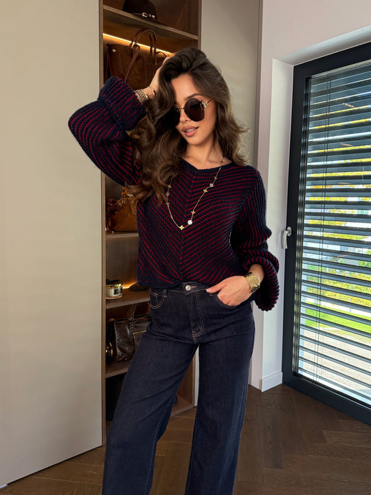 Sweter z Wełną Handmade Burgundowo-Granatowy MUSES