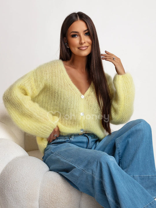 Sweter Kardigan 80% Kid Moher Żółty PUFF ohhoney