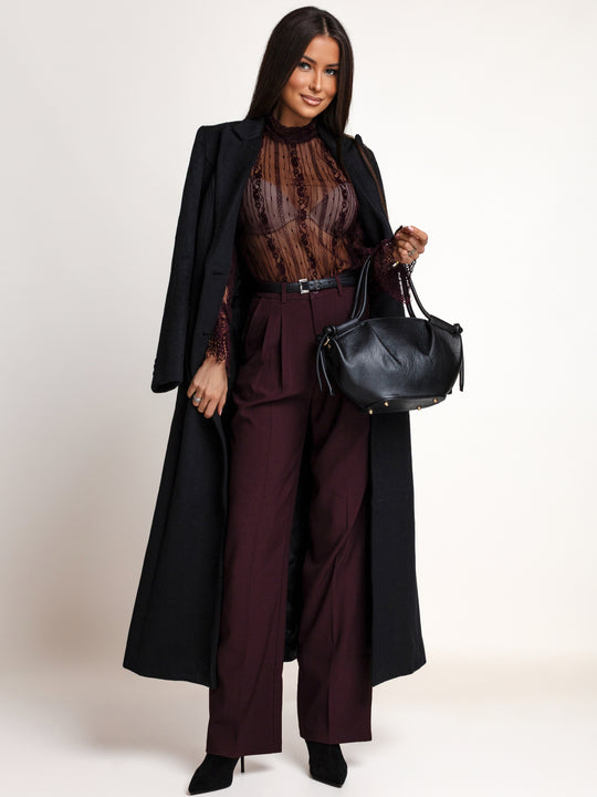 TRIM – Spodnie eleganckie z wysokim stanem · burgundowe