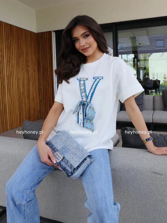 T-shirt Bawełniany z Aplikacją i Kokardą Biały JOLIE