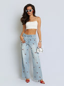 Spodnie Jeansowe z Haftem Niebieskie CHERRY DENIM