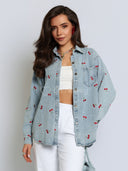 Koszula Jeansowa z Haftem Niebieska CHERRY