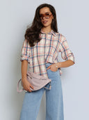 Koszula w Kratę z Bawełną Kremowo-Różowa NADIA