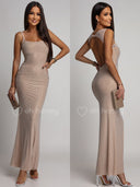 Sukienka Maxi  z Cyrkoniami i Odkrytymi Plecami Beżowa AZURA