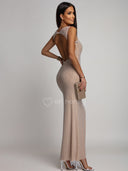 Sukienka Maxi  z Cyrkoniami i Odkrytymi Plecami Beżowa AZURA