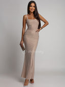 Sukienka Maxi  z Cyrkoniami i Odkrytymi Plecami Beżowa AZURA