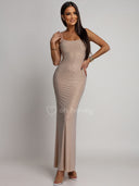 Sukienka Maxi  z Cyrkoniami i Odkrytymi Plecami Beżowa AZURA