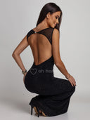 Sukienka Maxi  z Cyrkoniami i Odkrytymi Plecami Czarna AZURA