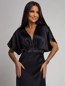 Sukienka Satynowa Maxi z Rozcięciem Czarna LUMIA