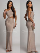 Sukienka Maxi z Cyrkoniami i Wycięciem Beżowa DOLCE