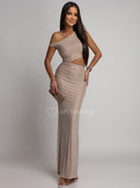 Sukienka Maxi z Cyrkoniami i Wycięciem Beżowa DOLCE