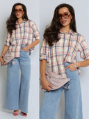 Koszula w Kratę z Bawełną Kremowo-Różowa NADIA