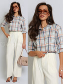 Koszula w Kratę z Bawełną Błękitno-Różowa NADIA