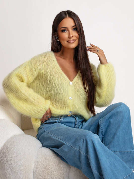 Sweter Kardigan 80% Kid Moher Żółty PUFF