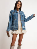 Kurtka Jeansowa z Ozdobnymi Aplikacjami Niebieska LEONE