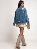 Kurtka Jeansowa z Ozdobnymi Aplikacjami Niebieska LEONE