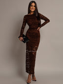 Chocolate ENDLESS Open Back Lace Maxi Dress