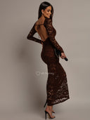 Chocolate ENDLESS Open Back Lace Maxi Dress