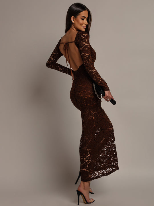 Chocolate ENDLESS Open Back Lace Maxi Dress