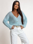 Sweter Kardigan 80% Kid Moher Błękitny PUFF