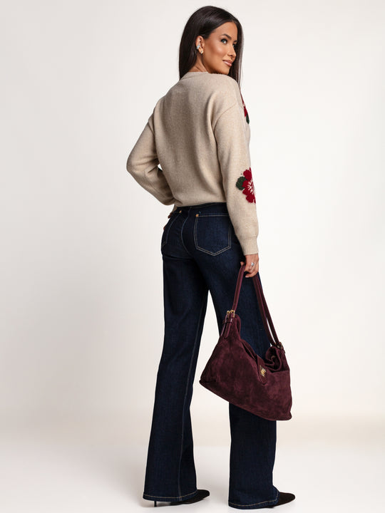 Sweter OH HONEY WINTER ROSE beżowy — widok z tyłu, gładkie plecy i burgundowe kwiaty na rękawach.