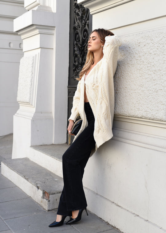 Decoratively woven cardigan Light beige LOREN