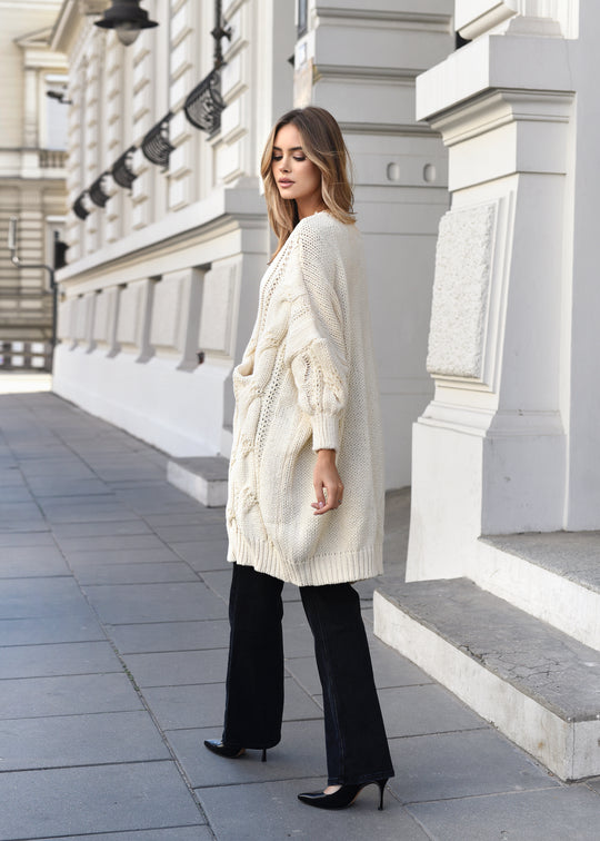 Decoratively woven cardigan Light beige LOREN