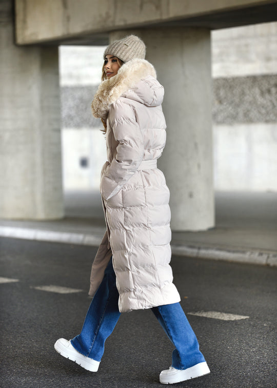 Quilted jacket with fur in light beige MARISEL