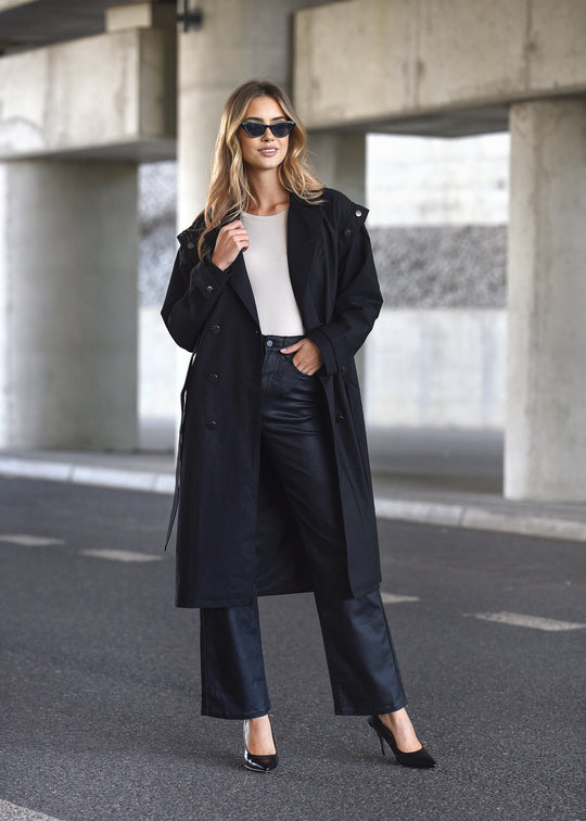 Black ETHOS Wide Leg Waxed Trousers