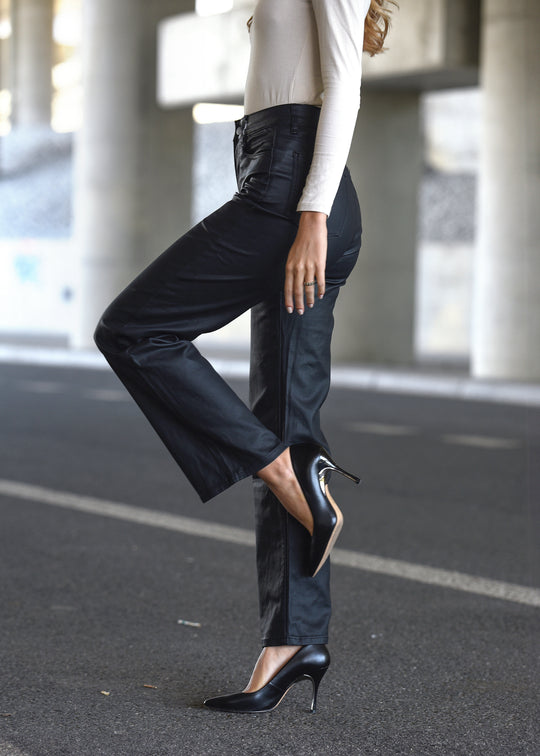 Black ETHOS Wide Leg Waxed Trousers