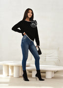 Sweter z wełną ozdobiony różami Czarny OPHELIE