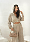 Beige ECHO Cropped Hoodie