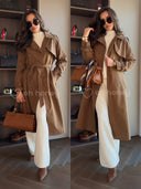  Długi Płaszcz Trencz z Paskiem Camel LIDIA