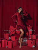 Elegancka Sukienka z falbaną Burgund CHRISTMAS CHIC 