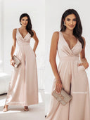 Elegancki kombinezon z szerokimi nogawkami Beżowy CARMELA