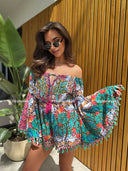 Kombinezon Bawełniany z Frędzlami Turkusowy FLAMINGA