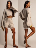 Komplet Muślinowy Bluzka i Szorty Beżowy KIRENA