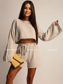 Komplet Muślinowy Bluzka i Szorty Beżowy KIRENA