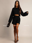 Komplet Muślinowy Bluzka i Szorty Czarny KIRENA 