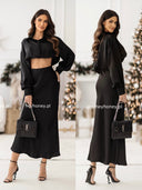 Komplet Satynowy koszula i spódnica Czarny DEMURE