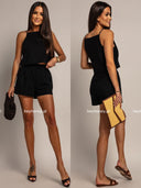 Komplet z Bawełny i Lnu Top i Spodenki Czarny ADEL 