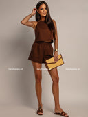 Komplet z Bawełny i Lnu Top i Spodenki Czekoladowy ADEL