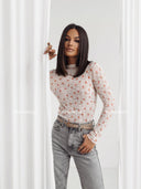 Koronkowa Bluzka z Długim Rękawem Pudrowa NOELLE 