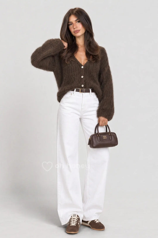 Sweter Kardigan 80% Kid Moher Czekolada PUFF ohhoney