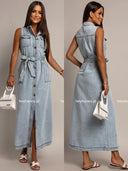 Sukienka Jeansowa Maxi z Paskiem Jasnoniebieska AZURE