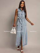 Sukienka Jeansowa Maxi z Paskiem Jasnoniebieska AZURE