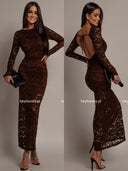 Sukienka Maxi Koronkowa z Odkrytymi Plecami Czekoladowa ENDLESS 