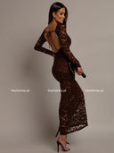 Sukienka Maxi Koronkowa z Odkrytymi Plecami Czekoladowa ENDLESS 
