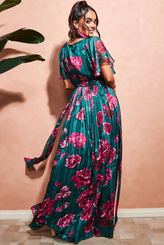 Sukienka Maxi w kwiatki Zielona MARGARET