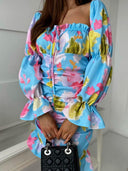 Sukienka Mini z falbankami w kwiaty Niebieska ROSSA 